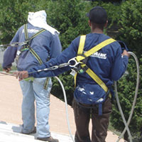 commercial roofers in harnesses showing proper safety procedures